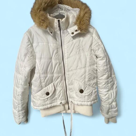 FUBU Jackets & Blazers - Fubu large vintage white short parka jacket w faux fur hood y2k funnel neck